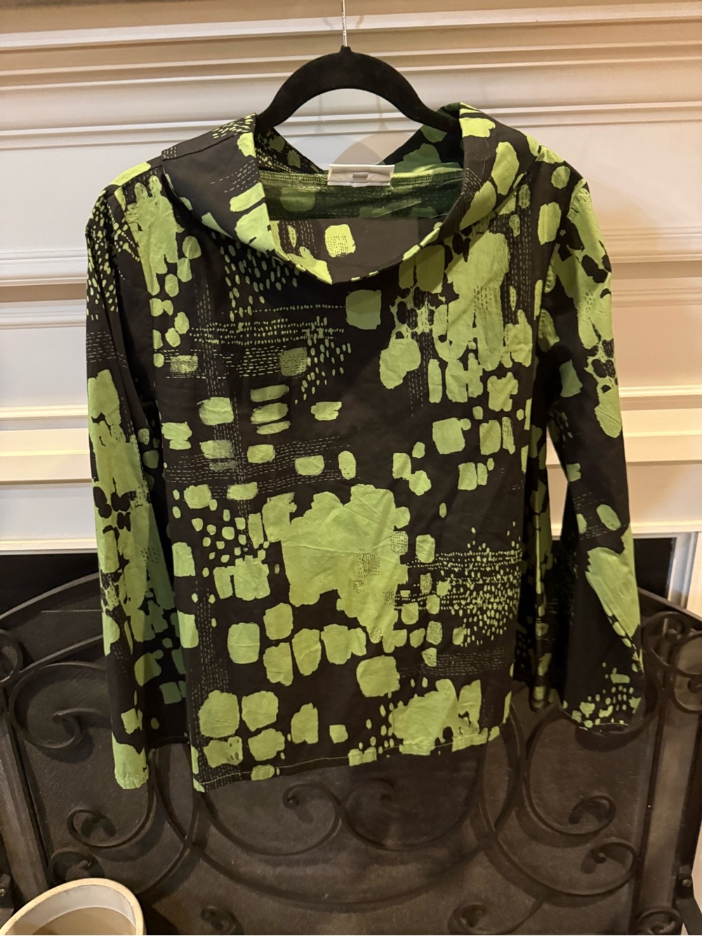 bryn Walker Black Hooded Top with Lime Green Abstract Pattern